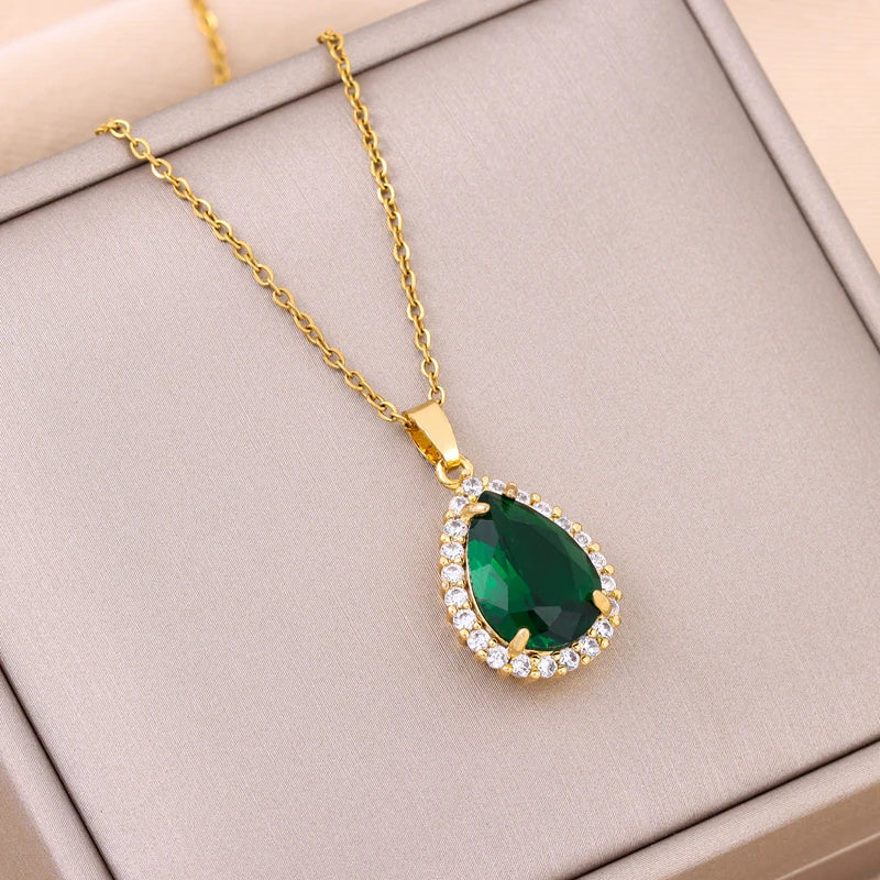 New In Vintage Light Luxury Green Water Drop Zircon Crystal Pendant Necklace For Women Elegant Female Stainless Steel Neck Chain