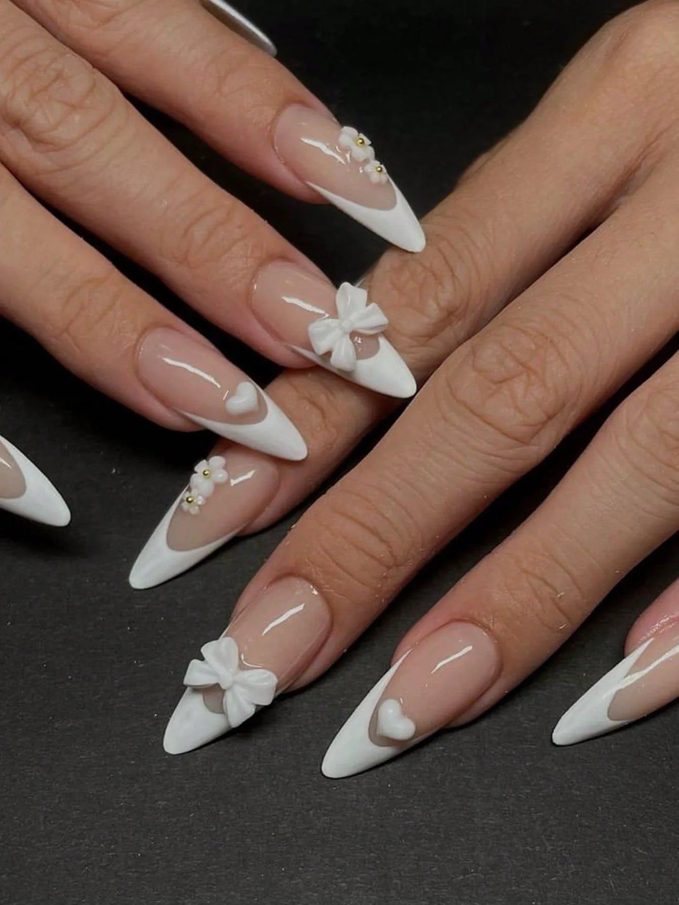 ARTAUG 24PCS Medium Press On Nails Stiletto Pink Bowknot Fingertip French Trim Cute Fake Nails Powder Full Cover Fake Nail Set