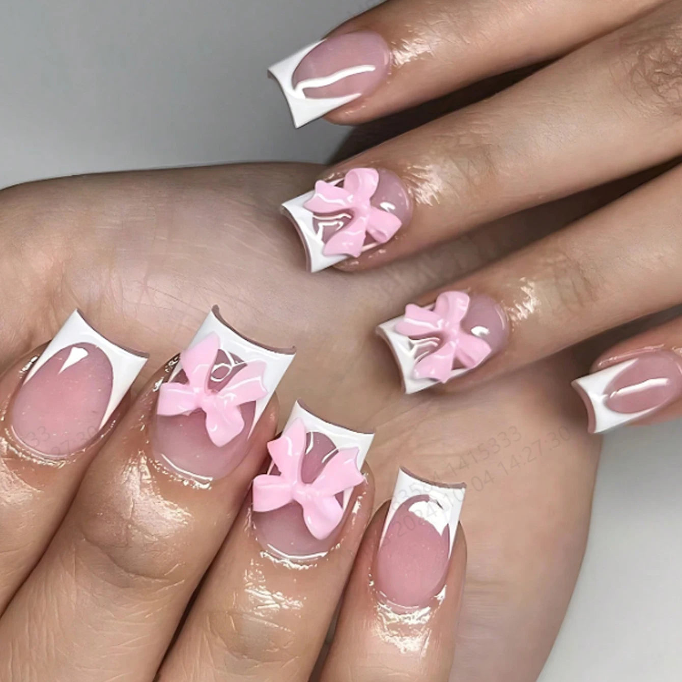 ARTAUG 24PCS Medium Press On Nails Stiletto Pink Bowknot Fingertip French Trim Cute Fake Nails Powder Full Cover Fake Nail Set