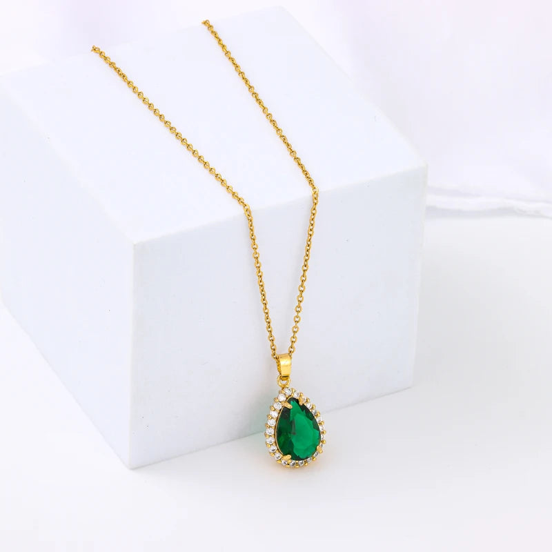 New In Vintage Light Luxury Green Water Drop Zircon Crystal Pendant Necklace For Women Elegant Female Stainless Steel Neck Chain