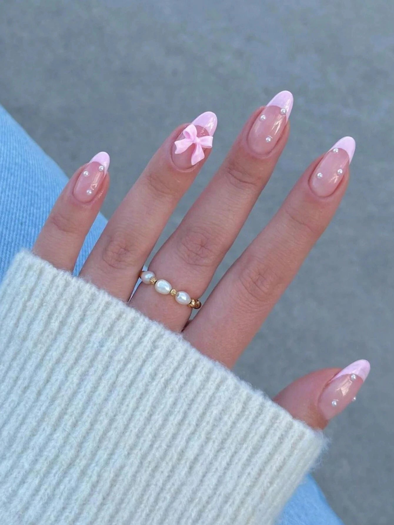 ARTAUG 24PCS Medium Press On Nails Stiletto Pink Bowknot Fingertip French Trim Cute Fake Nails Powder Full Cover Fake Nail Set