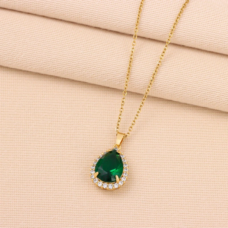 New In Vintage Light Luxury Green Water Drop Zircon Crystal Pendant Necklace For Women Elegant Female Stainless Steel Neck Chain