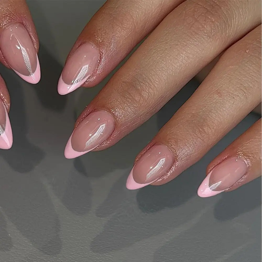 ARTAUG 24PCS Medium Press On Nails Stiletto Pink Bowknot Fingertip French Trim Cute Fake Nails Powder Full Cover Fake Nail Set