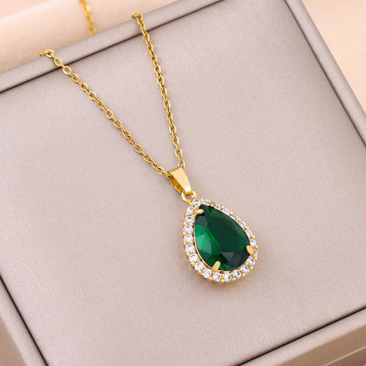 New In Vintage Light Luxury Green Water Drop Zircon Crystal Pendant Necklace For Women Elegant Female Stainless Steel Neck Chain