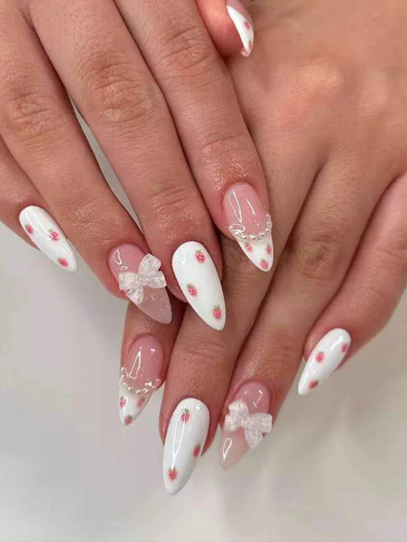 ARTAUG 24PCS Medium Press On Nails Stiletto Pink Bowknot Fingertip French Trim Cute Fake Nails Powder Full Cover Fake Nail Set