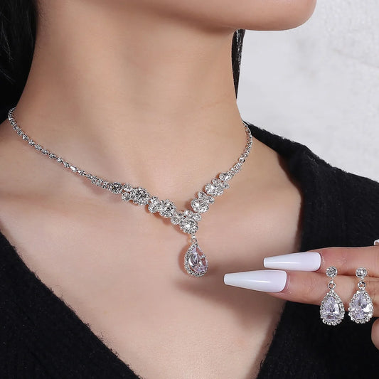 3pcs Women's Jewelry Set Rhinestone Earrings Necklace New Wedding Party Luxury Fashion Accessories