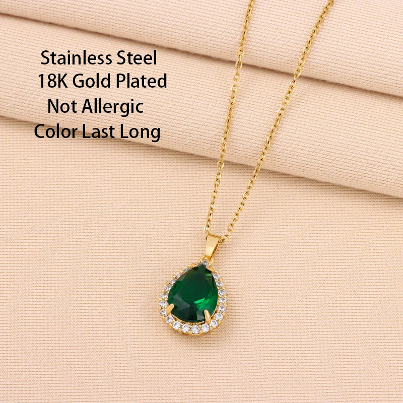 New In Vintage Light Luxury Green Water Drop Zircon Crystal Pendant Necklace For Women Elegant Female Stainless Steel Neck Chain