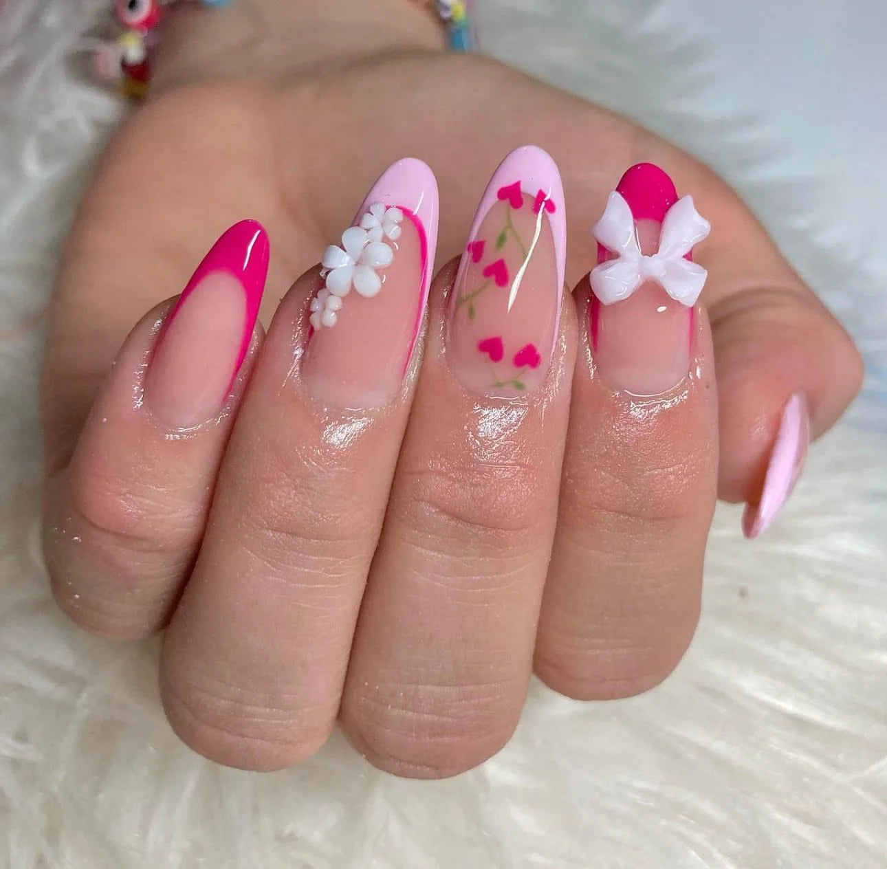 ARTAUG 24PCS Medium Press On Nails Stiletto Pink Bowknot Fingertip French Trim Cute Fake Nails Powder Full Cover Fake Nail Set