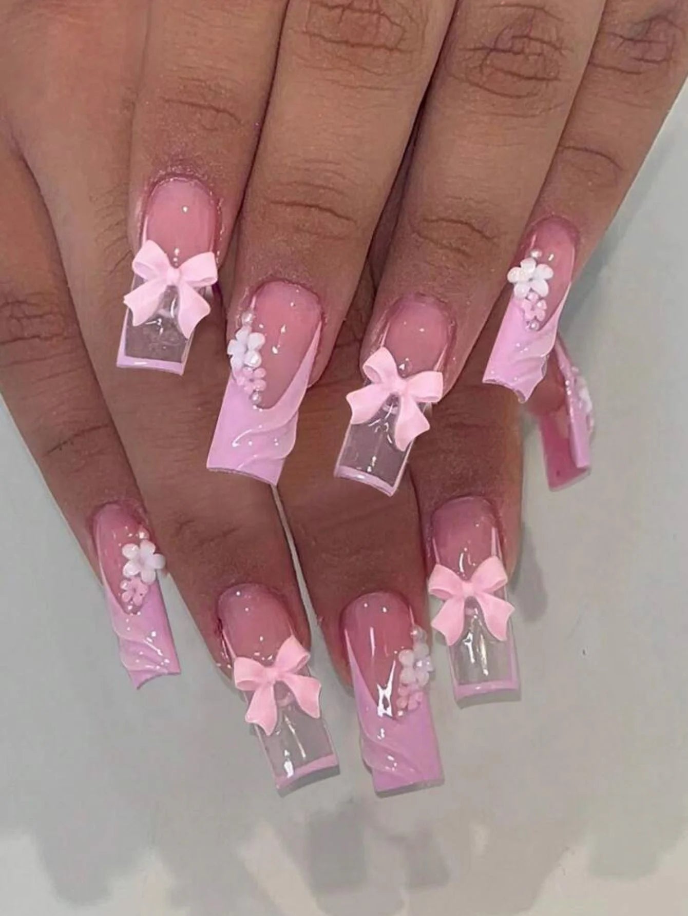 ARTAUG 24PCS Medium Press On Nails Stiletto Pink Bowknot Fingertip French Trim Cute Fake Nails Powder Full Cover Fake Nail Set