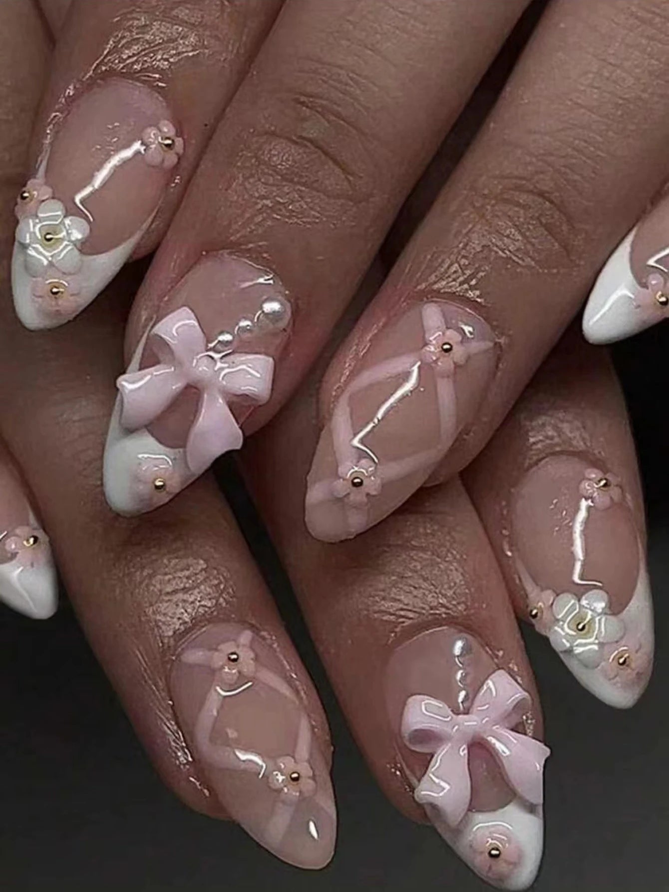 ARTAUG 24PCS Medium Press On Nails Stiletto Pink Bowknot Fingertip French Trim Cute Fake Nails Powder Full Cover Fake Nail Set