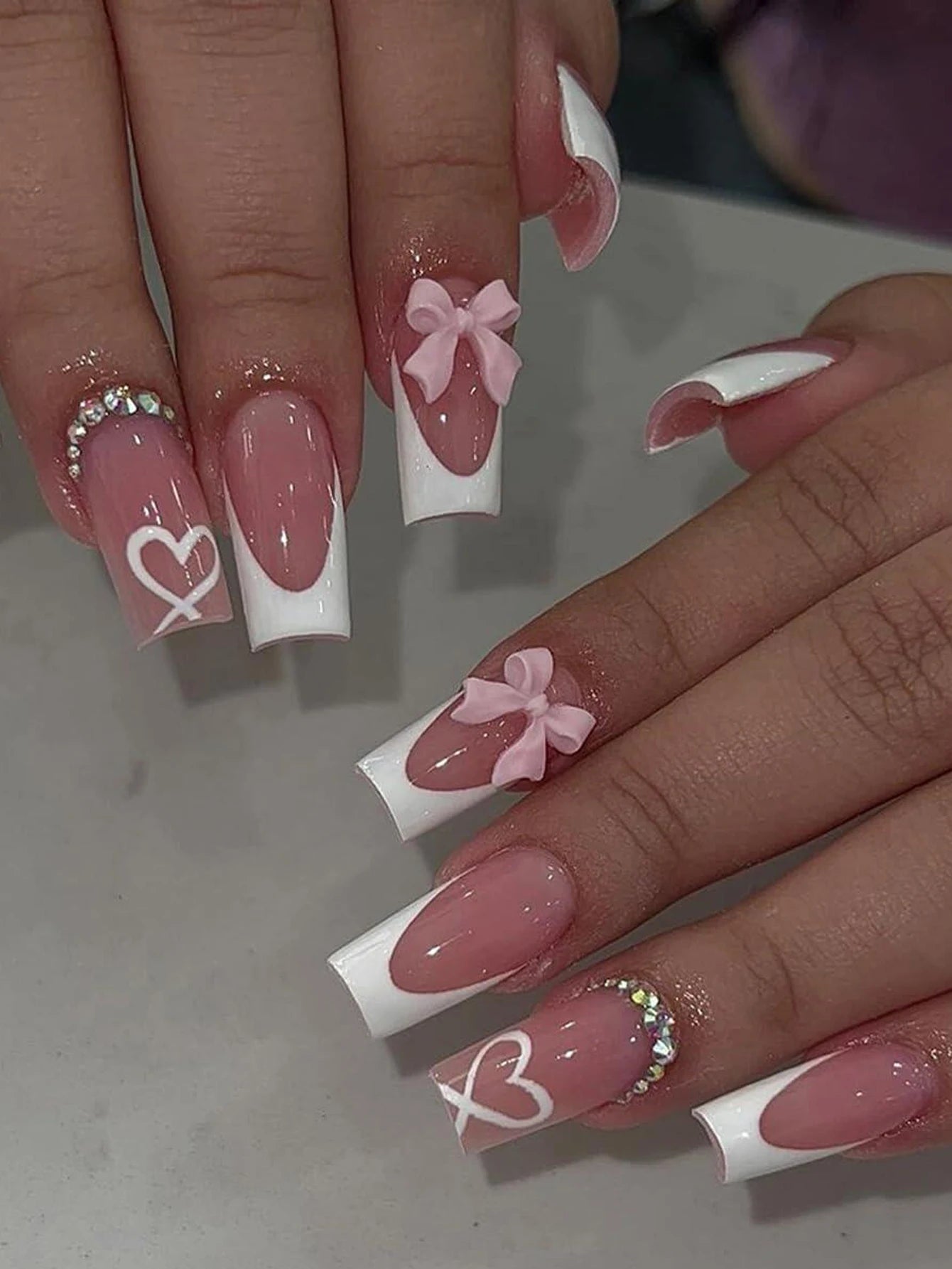 ARTAUG 24PCS Medium Press On Nails Stiletto Pink Bowknot Fingertip French Trim Cute Fake Nails Powder Full Cover Fake Nail Set