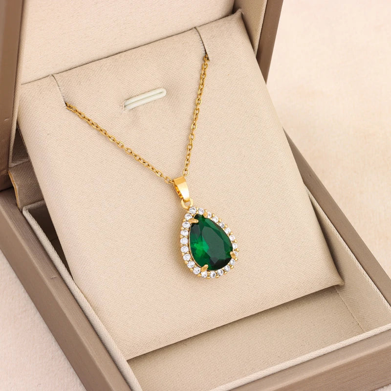 New In Vintage Light Luxury Green Water Drop Zircon Crystal Pendant Necklace For Women Elegant Female Stainless Steel Neck Chain