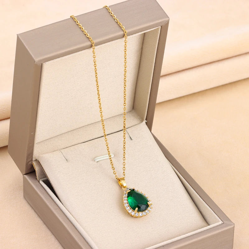 New In Vintage Light Luxury Green Water Drop Zircon Crystal Pendant Necklace For Women Elegant Female Stainless Steel Neck Chain